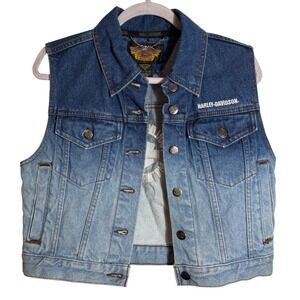 Harley-Davidson Women's Blue‎ Ombré Denim Vest Embroidered Bar & Shield Size M